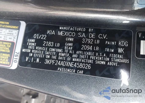 2022 Kia Forte Lxs из США, поврежденный, VIN 3KPF24ADXNE458026